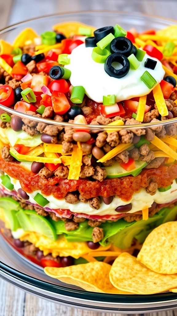 A vibrant 8-layer taco salad in a glass dish with beans, beef, lettuce, tomatoes, cheese, salsa, and sour cream, served with tortilla chips.